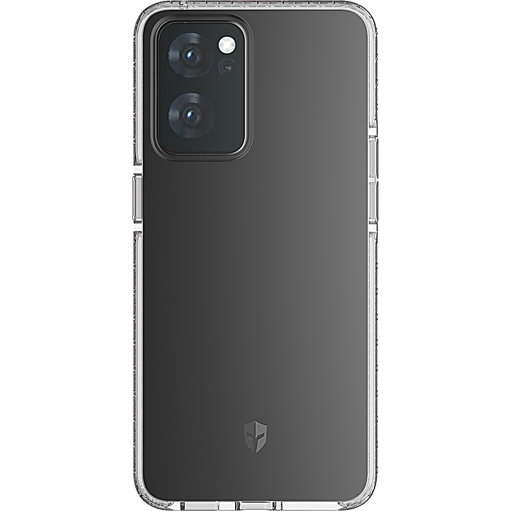 Custodia trasparente per telefono su un telefono nero. La custodia ha un retro trasparente e sono visibili tre obiettivi della fotocamera.