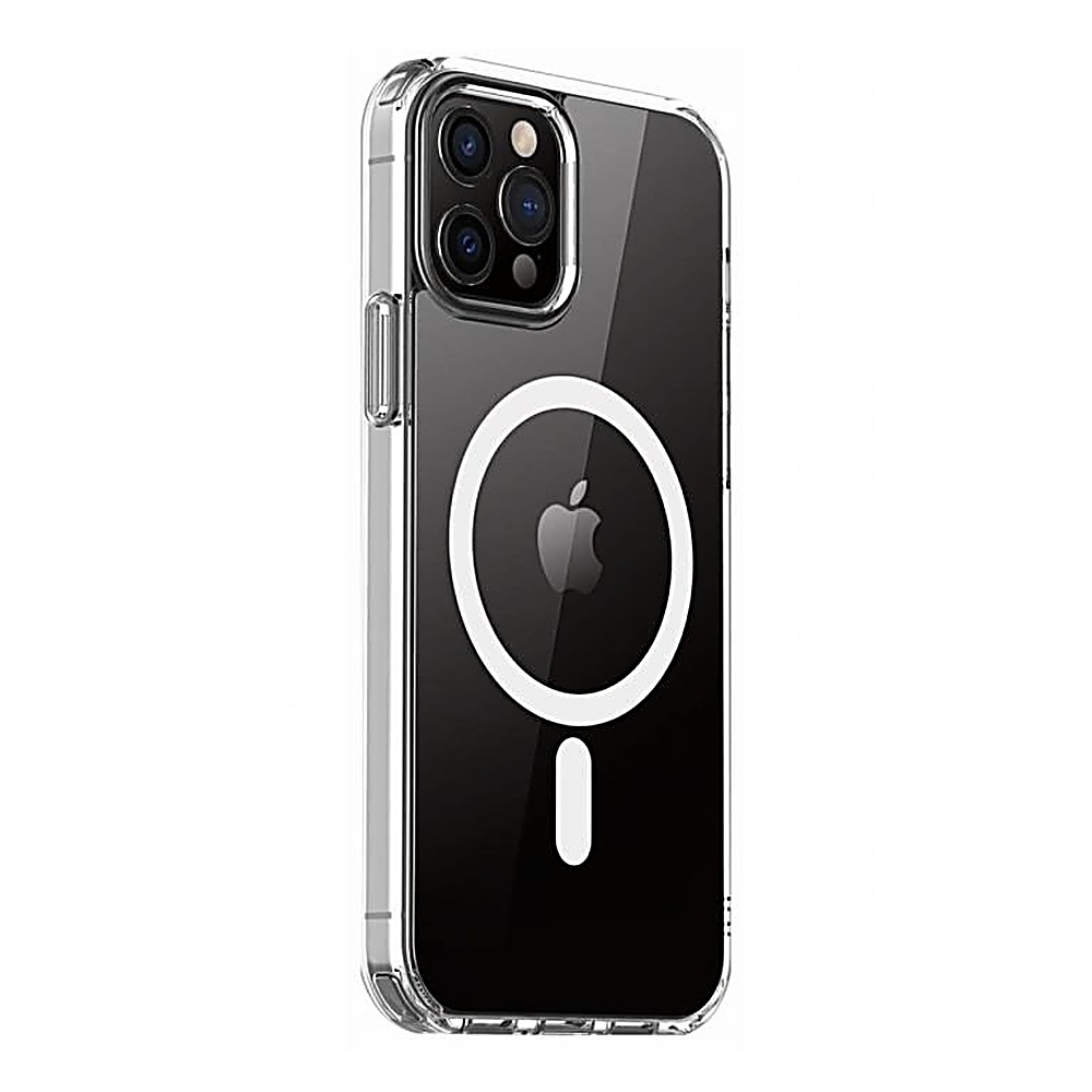 Custodia nera per iPhone con un cerchio bianco e il logo Apple.