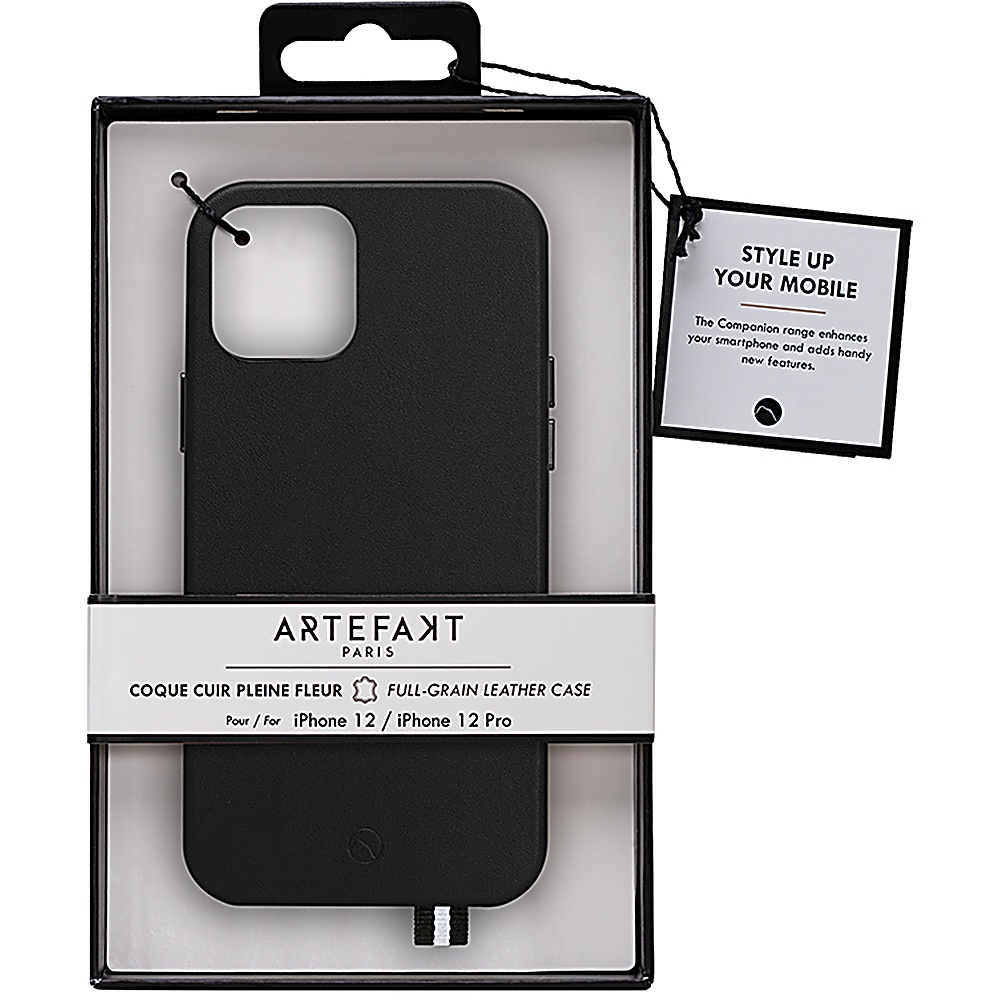 Schwarze iPhone-Lederhülle mit Produktbox.