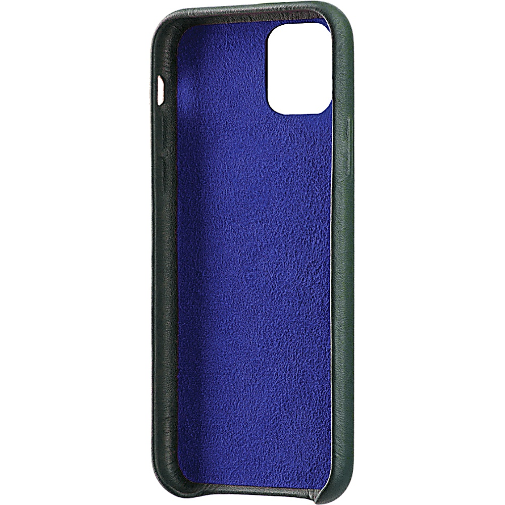 Interno custodia iPhone verde scuro, con interno blu e bordo nero.