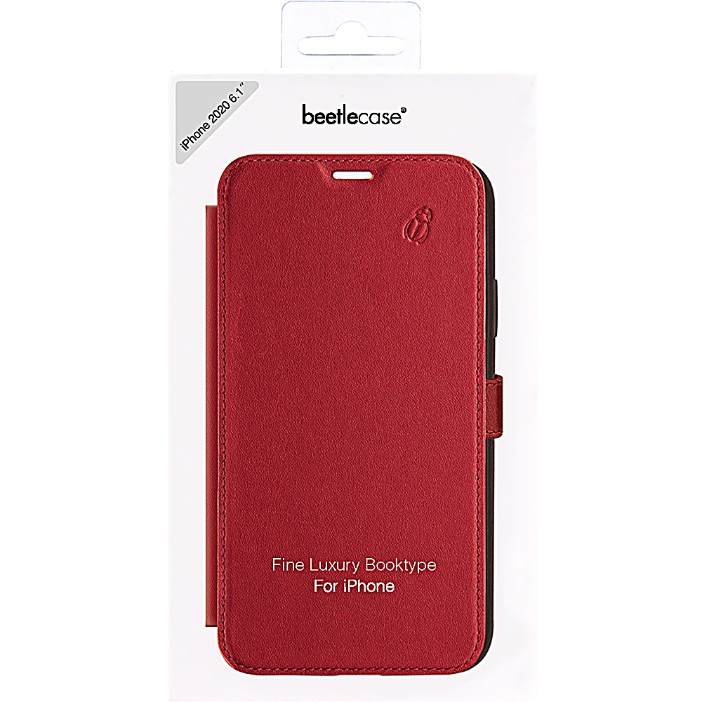 Custodia iPhone rossa in scatola, etichettata 'iPhone 2020 6.1' e 'beetlecase'.