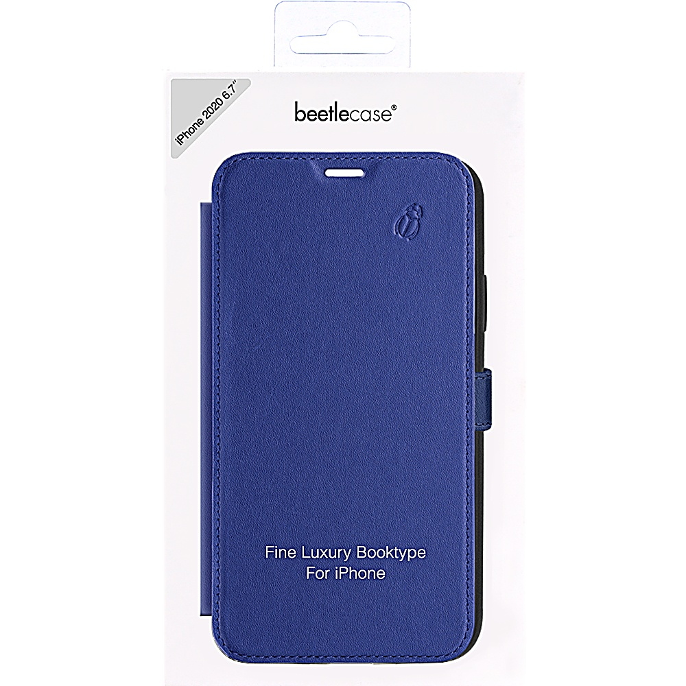 Custodia blu per telefono nella confezione. Testo: 'Fine Luxury Booktype for iPhone'.
