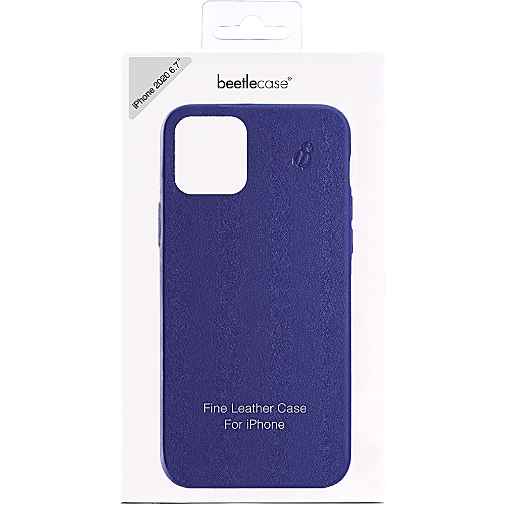Custodia iPhone in pelle blu in una confezione.