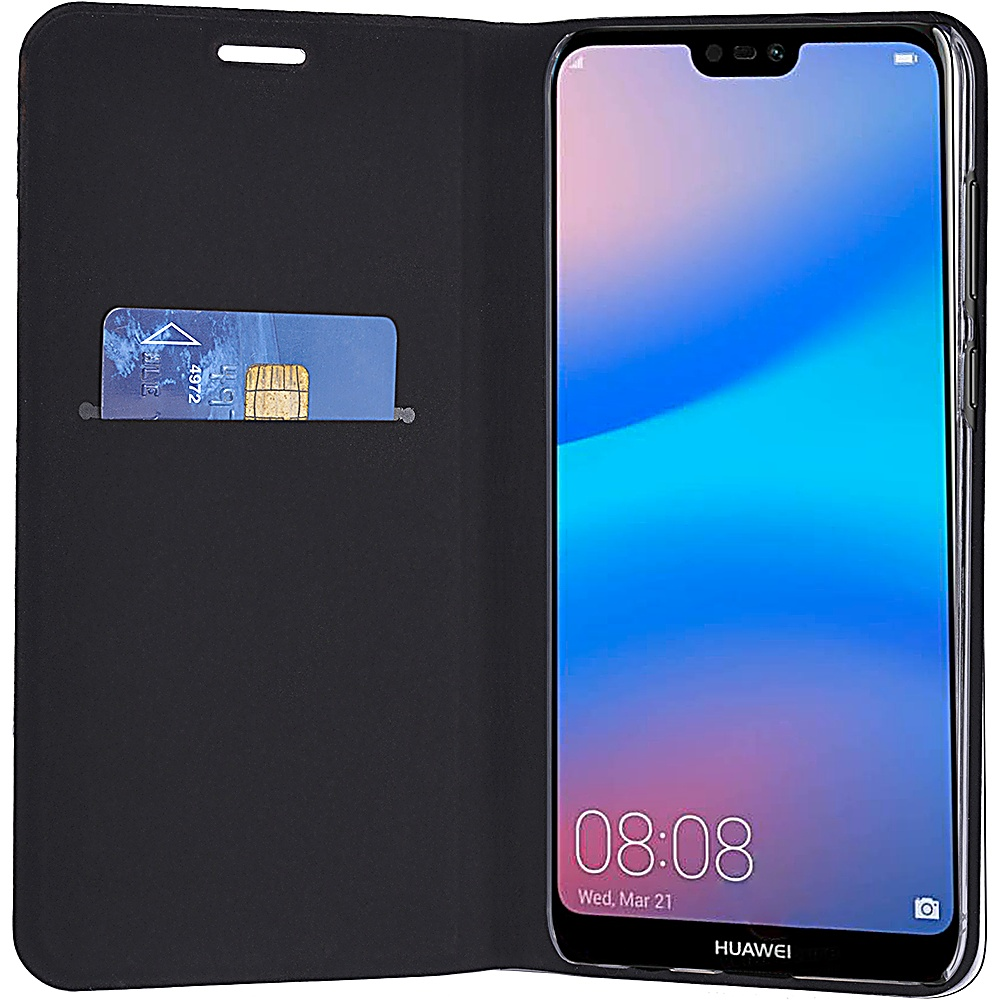 Teléfono negro en una funda folio negra, mostrando la pantalla.