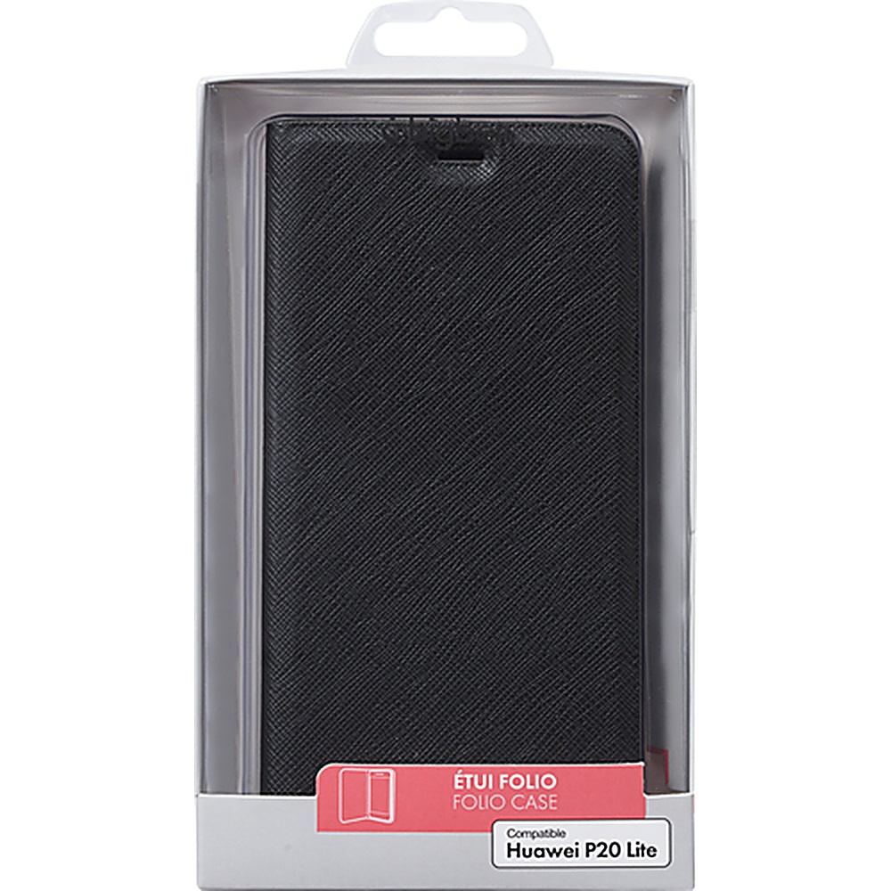 Funda negra para teléfono en embalaje. Funda tipo folio para Huawei P20 Lite. Funda cerrada.