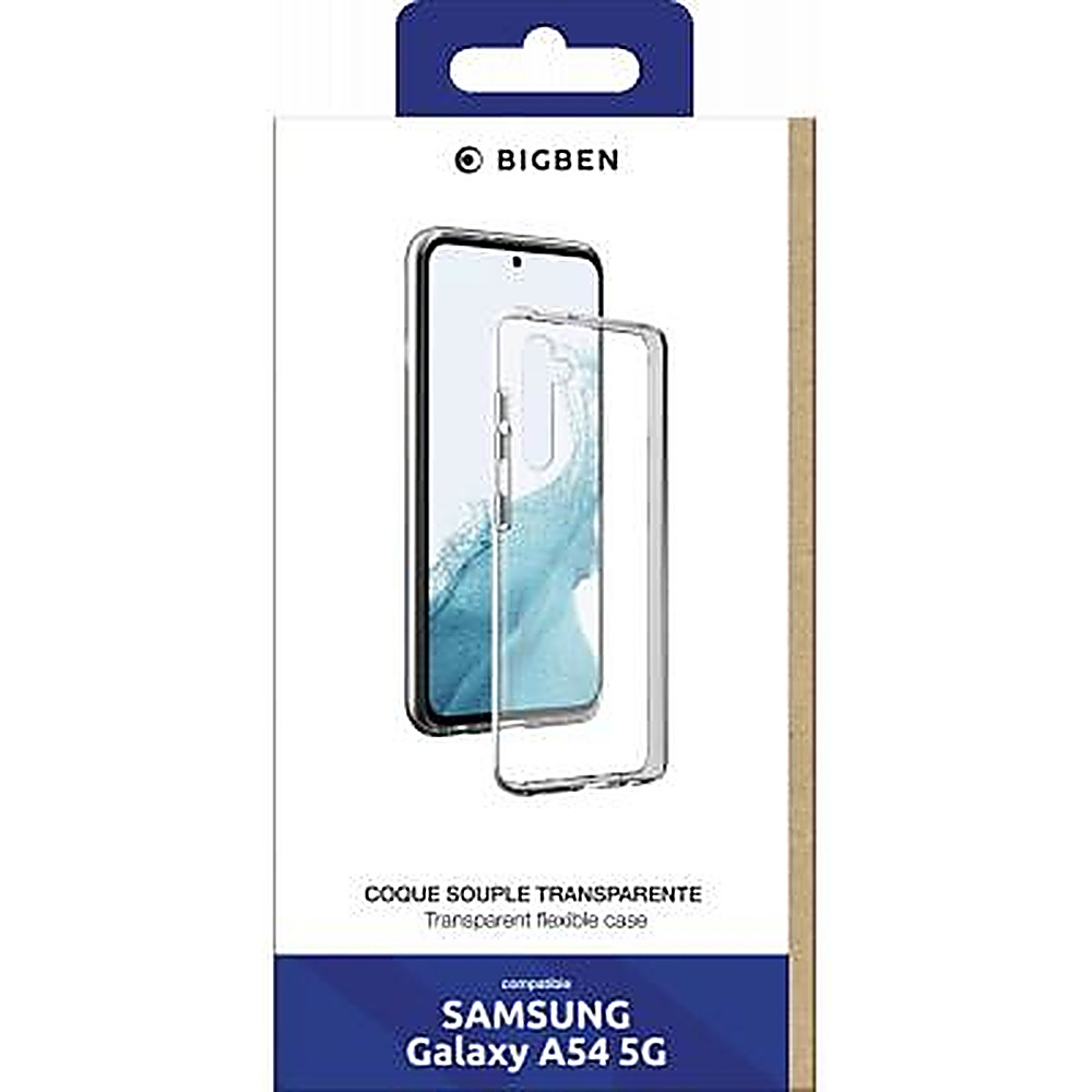 Scatola con una custodia flessibile trasparente per Samsung Galaxy A54 5G. Sfondo bianco.