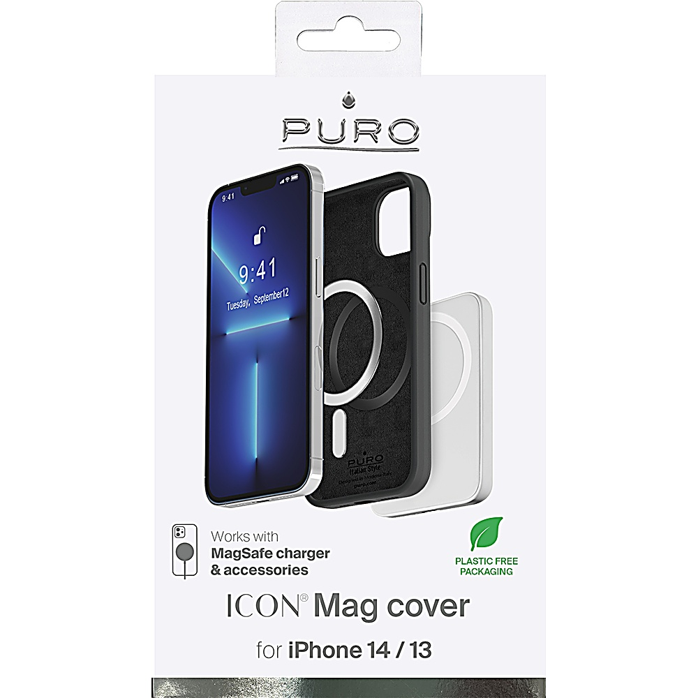 Verpackte Puro Mag-Hülle für iPhone, zeigt ein iPhone und ein MagSafe-Ladegerät.