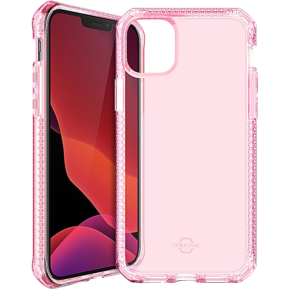 Custodia rosa per telefono su un telefono. La custodia è trasparente con una cornice rosa.