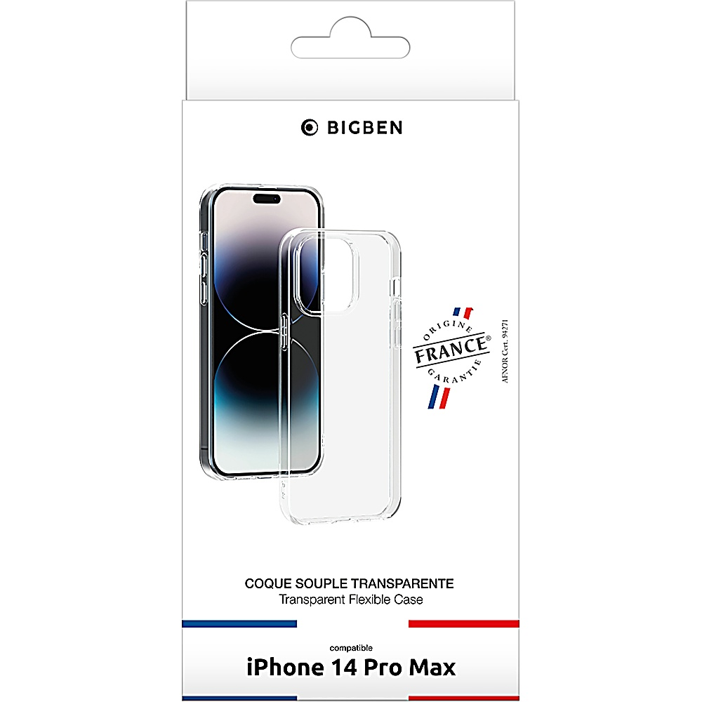 Scatola custodia per telefono. Custodia trasparente per iPhone 14 Pro Max, design packaging.