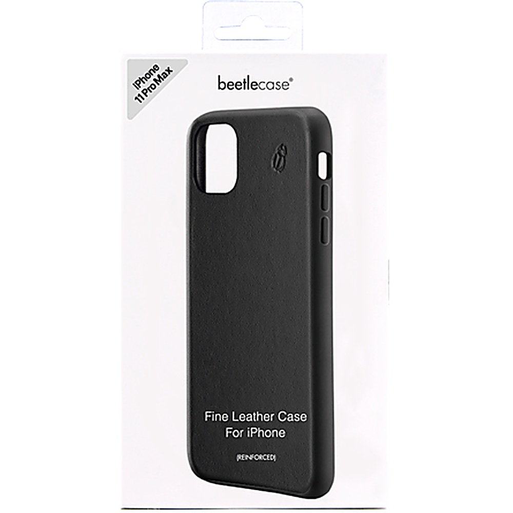 Custodia nera per iPhone 11 Pro Max in una scatola bianca con 'beetlecase' e 'Fine Leather Case'.