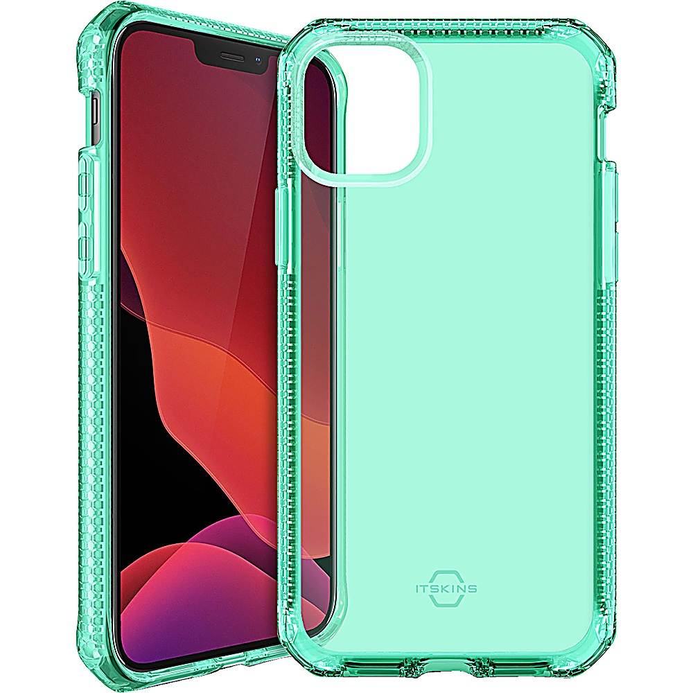 Un telefono all'interno di una custodia protettiva verde menta. Cornice trasparente, schermo rosso.