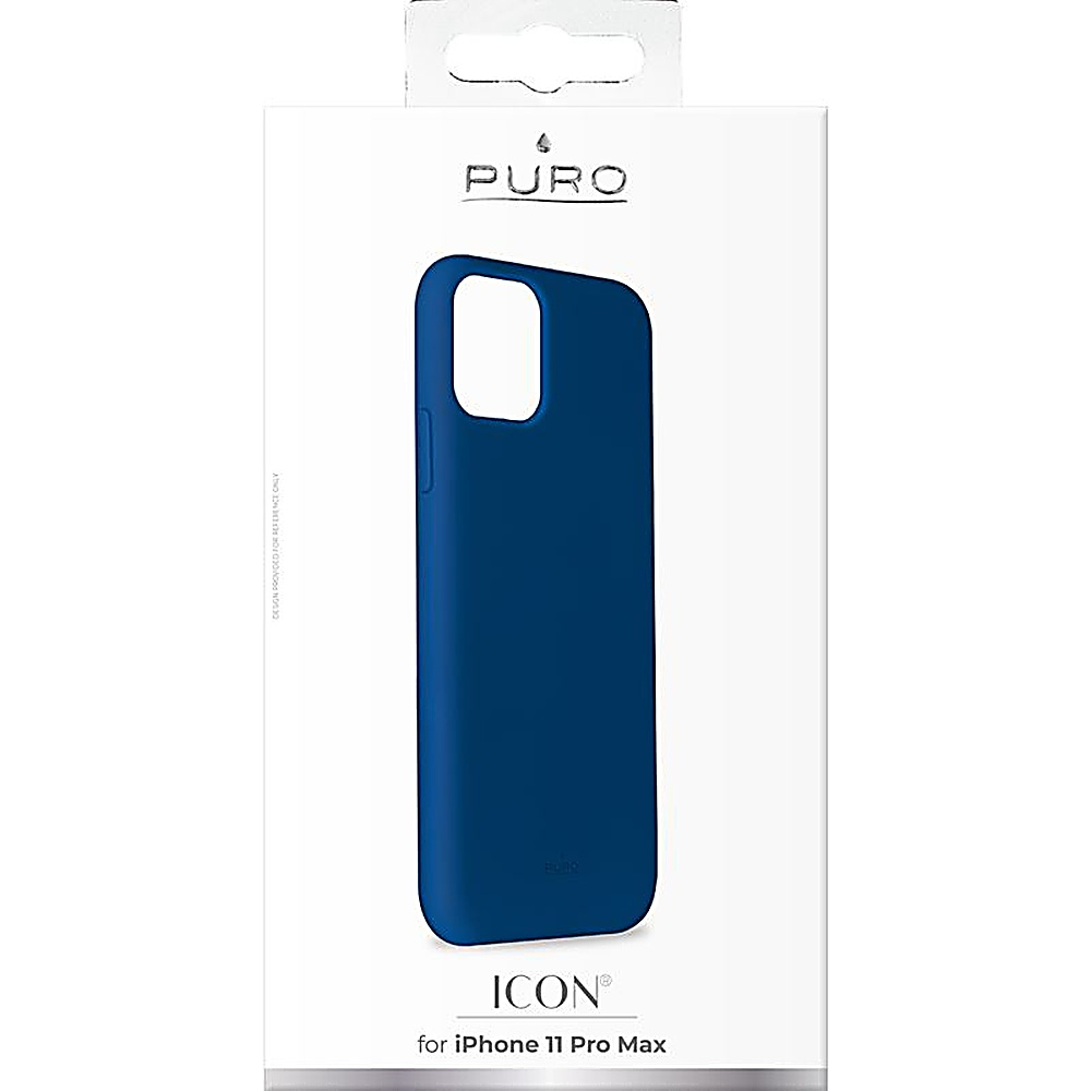 Una custodia blu per telefono in una scatola bianca. La scatola ha la scritta 'PURO' e 'ICON' con un'immagine della custodia.