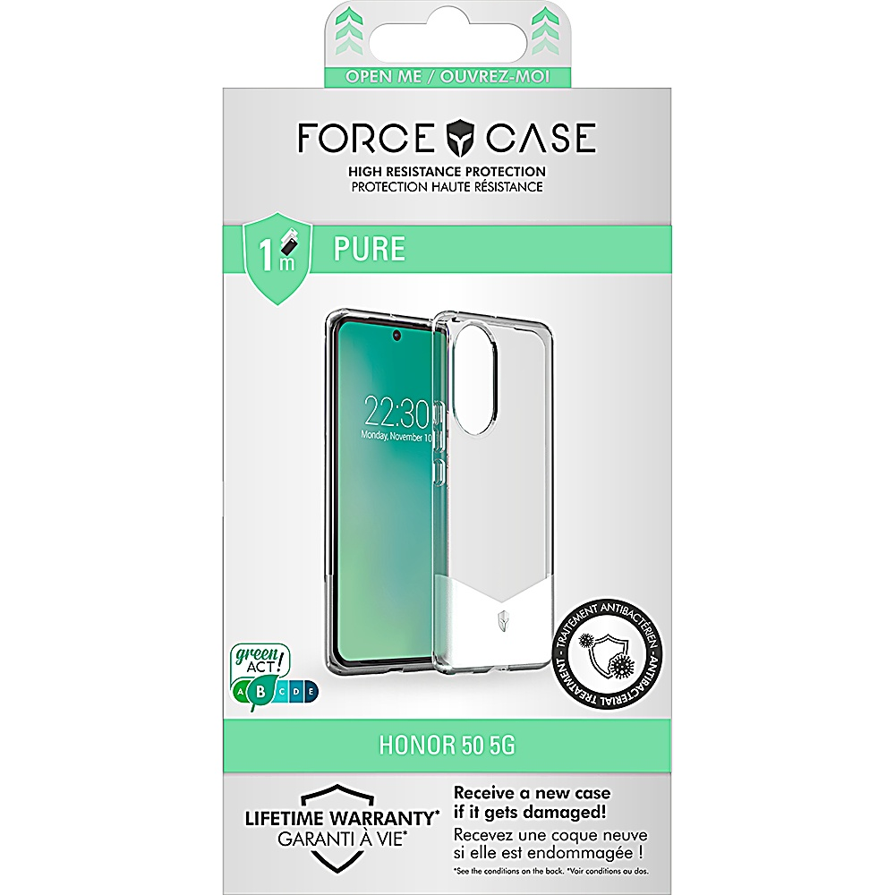 Custodia trasparente nella confezione. Confezione con Force Case, Pure e Honor 50 5G.