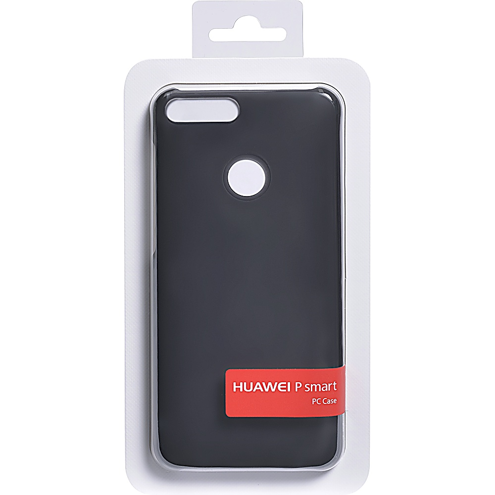 Una custodia per telefono nera in una confezione di plastica. La confezione ha un adesivo rosso che dice Huawei P smart.