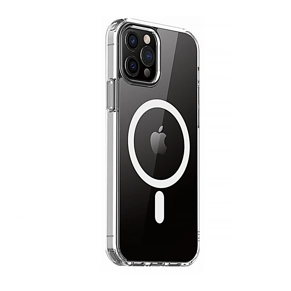Custodia trasparente per telefono con logo Apple bianco e anello magnetico nero.