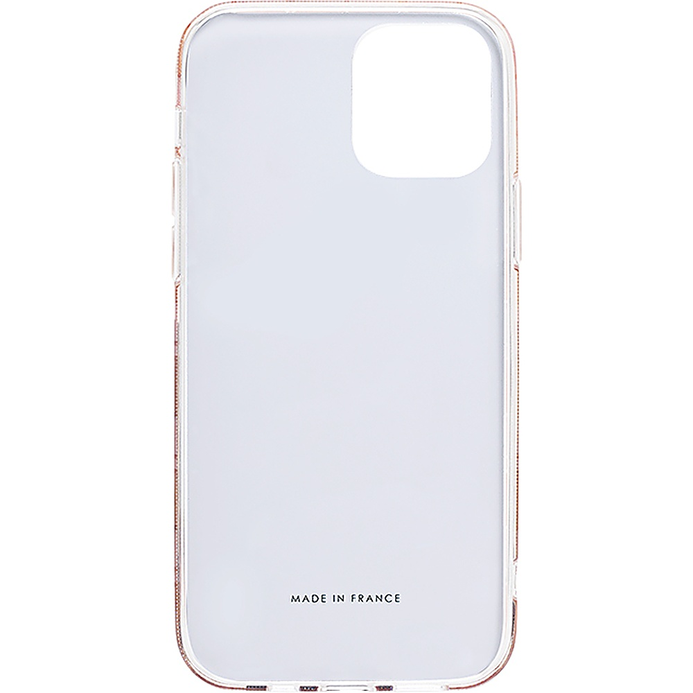 Custodia trasparente con cornice oro rosa e la scritta 'MADE IN FRANCE' in basso.