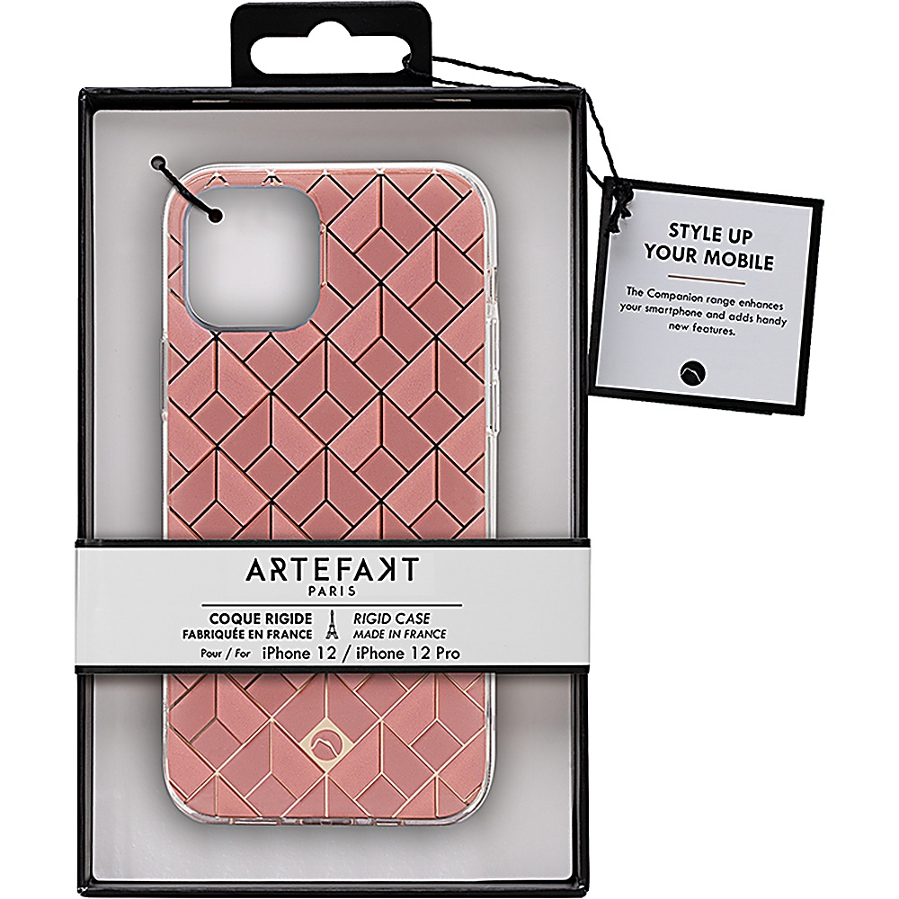 Custodia per telefono in confezione con design geometrico. La custodia è rosa con dettagli dorati.