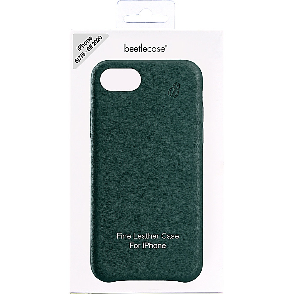 Una custodia per telefono in una scatola bianca, custodia verde per iPhone. Testo sulla scatola: Fine Leather Case for iPhone.