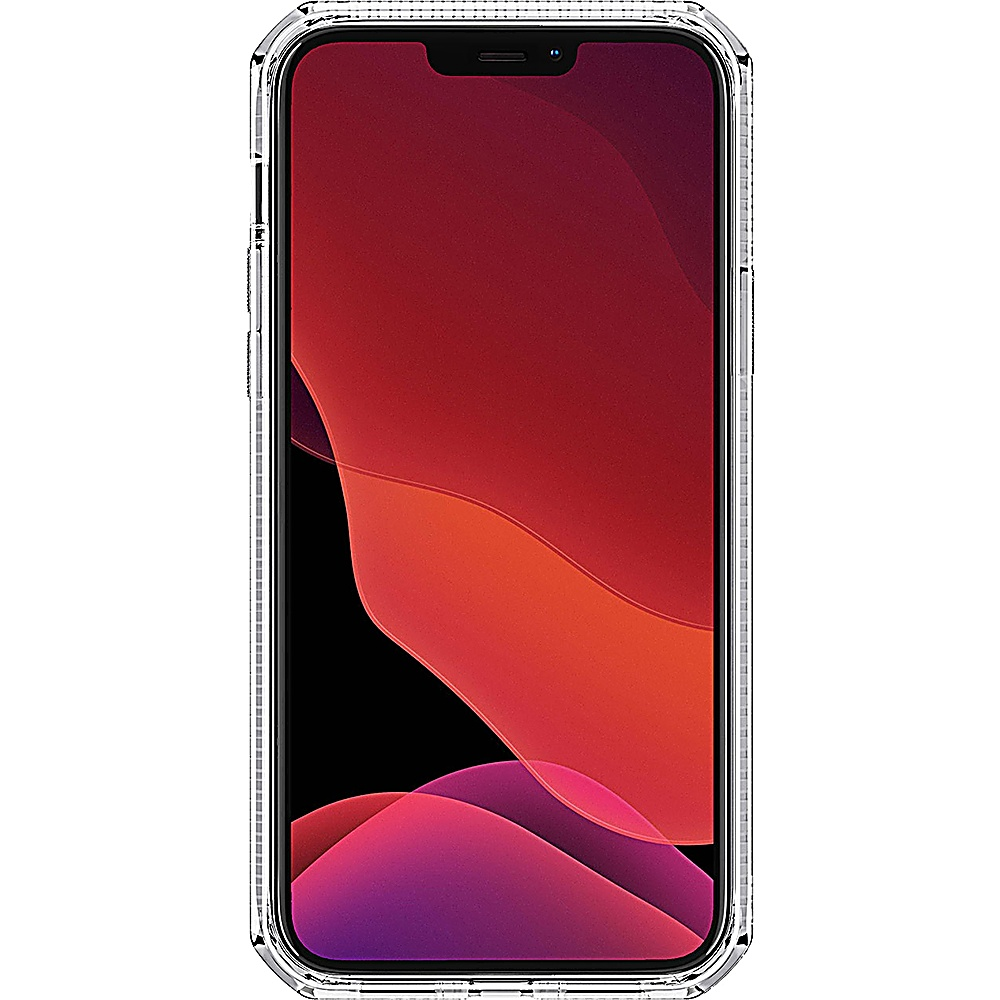 iPhone in una custodia trasparente. Lo schermo mostra una sfumatura rossa, arancione e viola. La custodia ha un bordo trasparente.