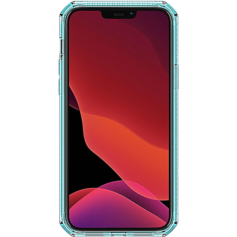 Uno schermo del telefono con uno sfondo colorato, all'interno di una custodia trasparente.