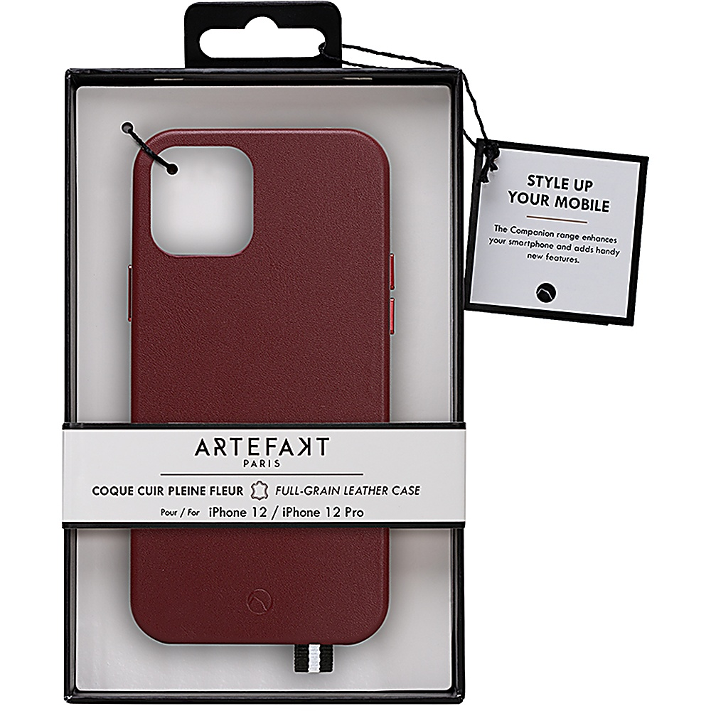Custodia rossa per iPhone 12 Pro in una scatola. La custodia è in pelle e ha un'etichetta.