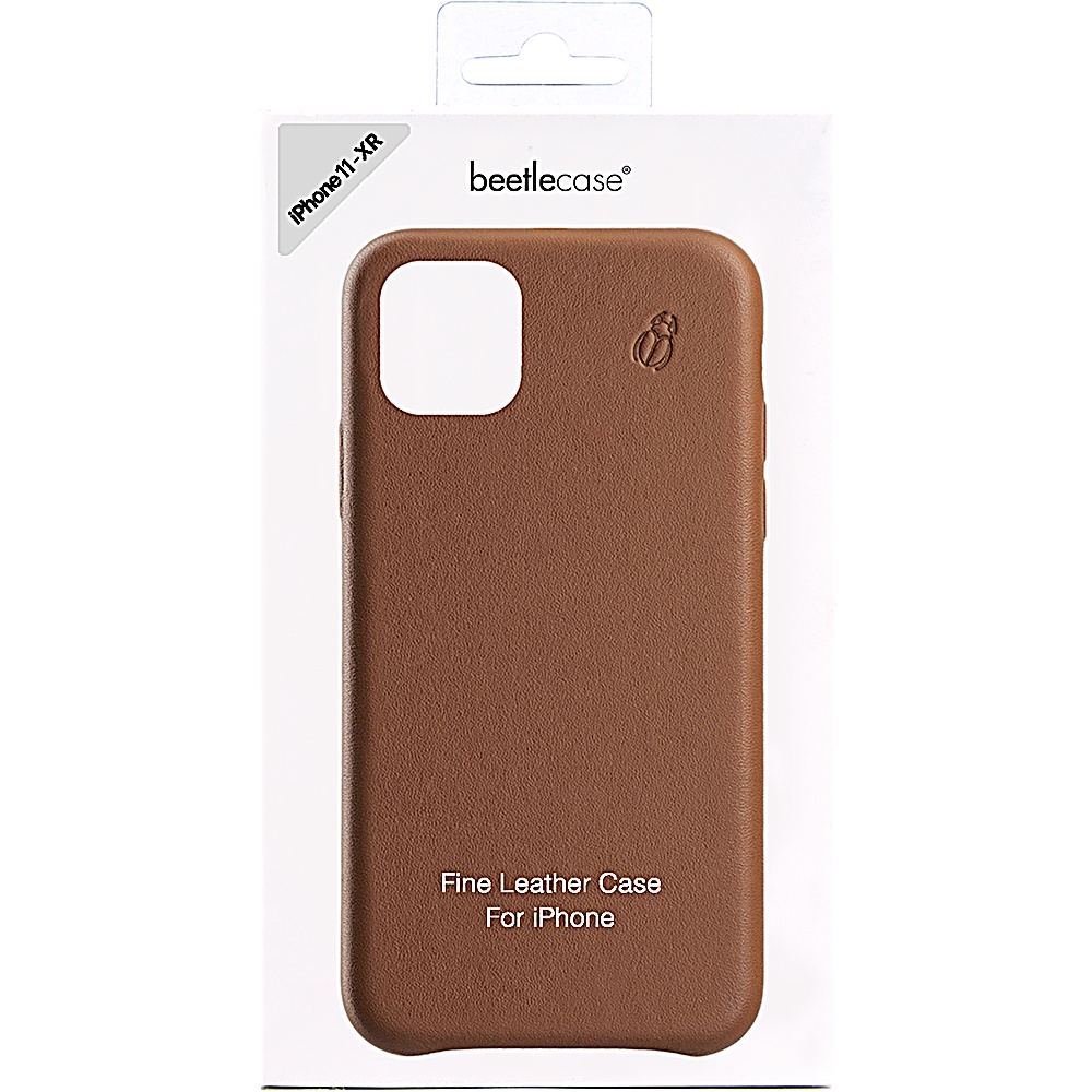 Una custodia per iPhone in pelle marrone in una scatola bianca.