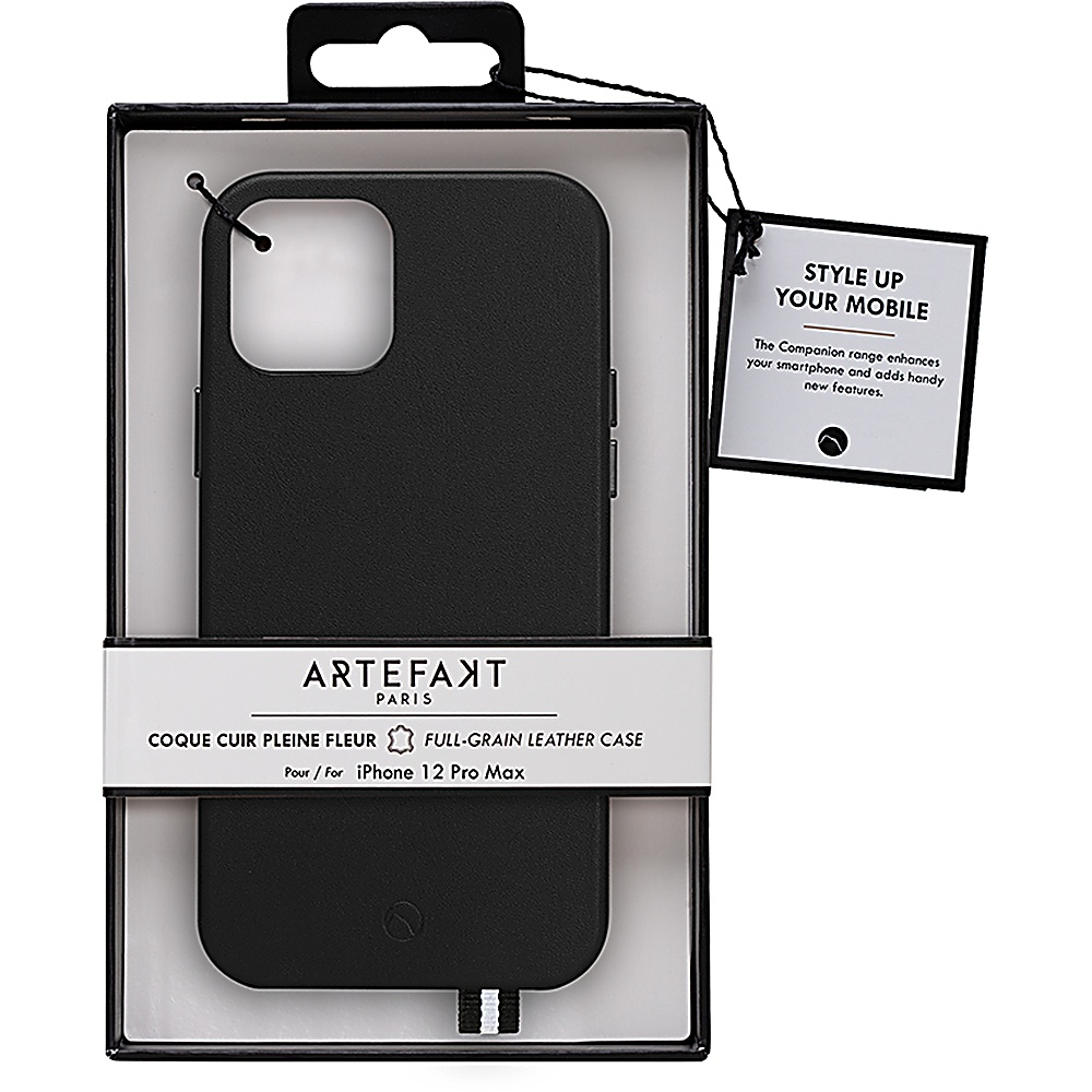 Schwarze Handyhülle in Verpackung mit Produktdetails und Anhänger.