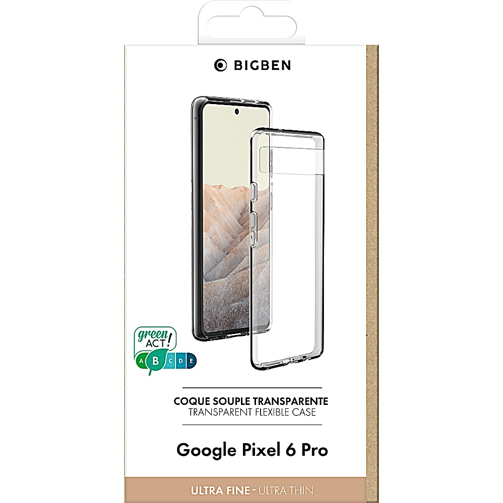 Custodia flessibile trasparente per Google Pixel 6 Pro in una scatola. Il telefono è all'interno della custodia, che mostra il display.