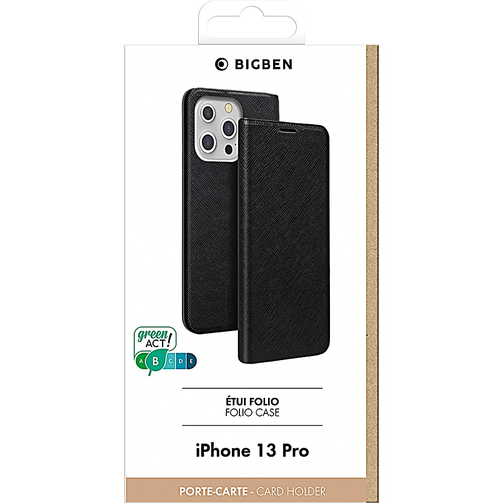 Custodia a libro nera per iPhone 13 Pro in una scatola. La custodia copre il telefono e ha un porta carte. Il marchio è BIGBEN.