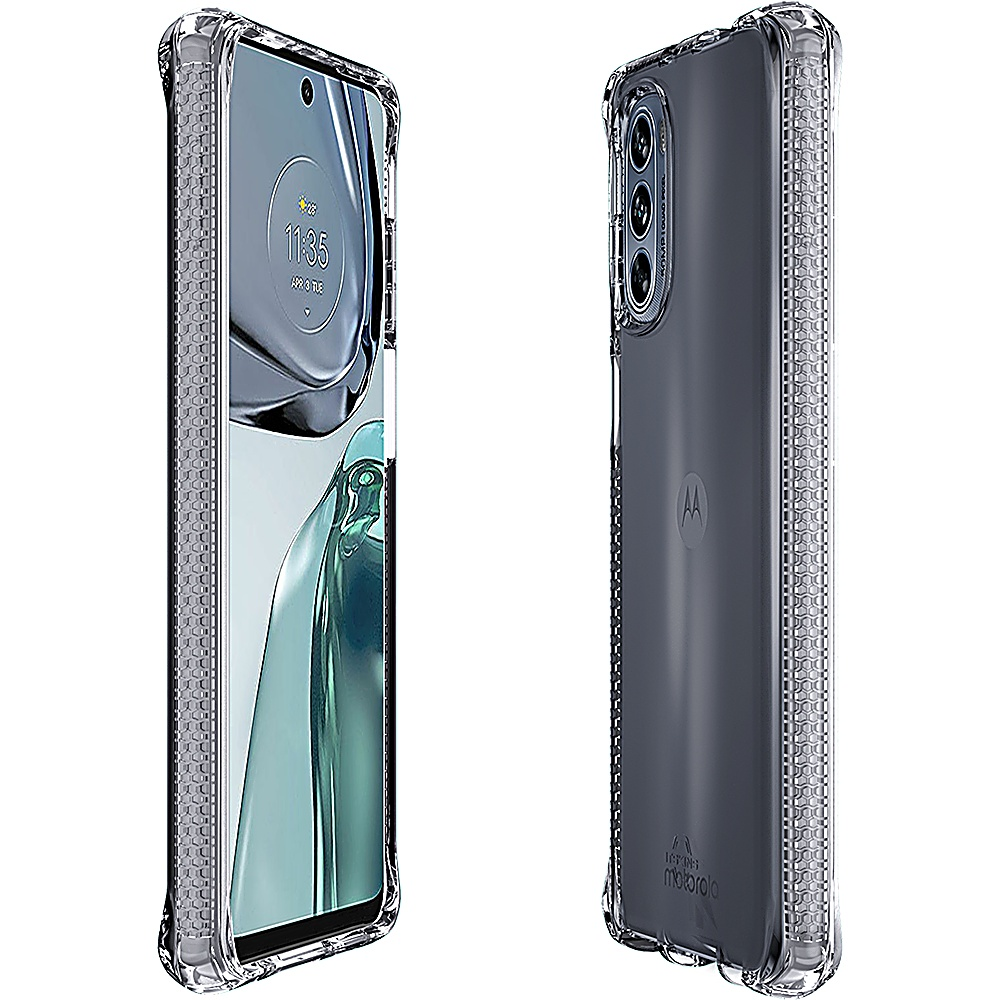 Eine transparente Handyhülle auf einem Telefon. Das Telefon zeigt die Uhrzeit. Die Seite hat ein strukturiertes Design.