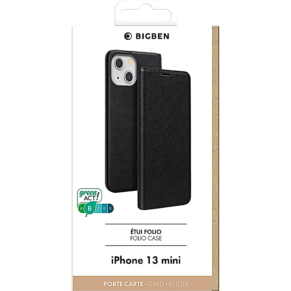 Custodia nera per iPhone 13 mini in confezione. Mostra il telefono e il porta carte.