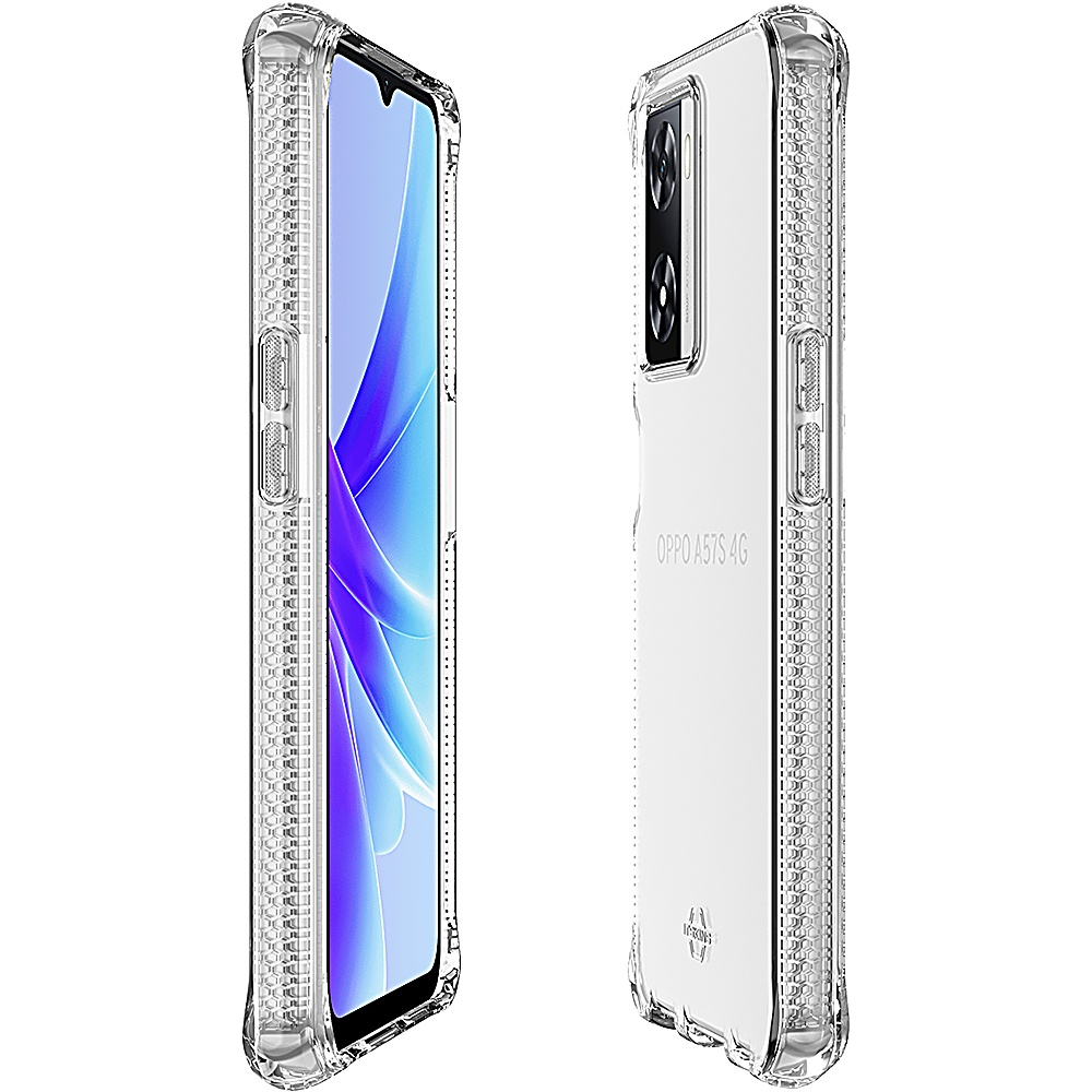 Eine transparente Handyhülle auf einem weißen Telefon. Das Telefon hat zwei Kameras und einen Bildschirm, die Hülle hat Details.
