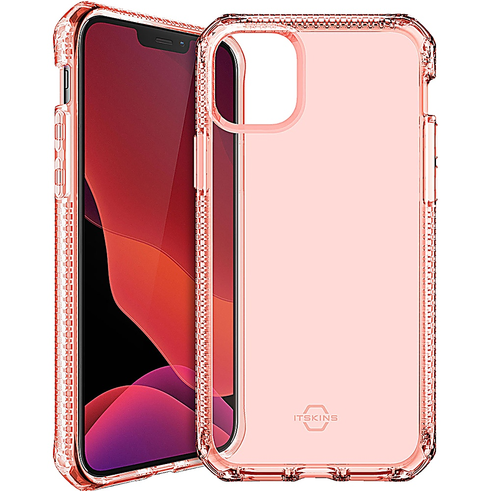 Un telefono con una custodia rosa con retro trasparente è mostrato davanti a un altro telefono.