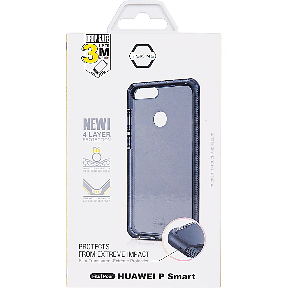Confezione della custodia del telefono con la custodia visibile. La custodia è nera e si adatta a un Huawei P Smart.