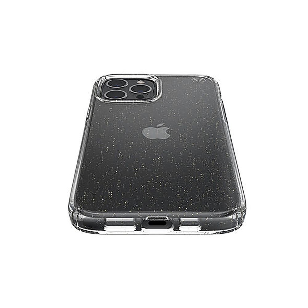 Custodia trasparente con glitter. Mostra il logo Apple.