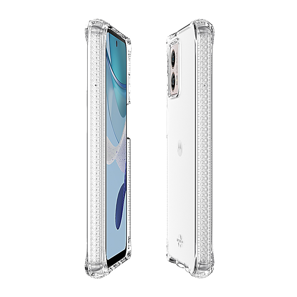 Transparente Handyhülle, nebeneinander. Zeigt Telefonmerkmale. Weißer Hintergrund.