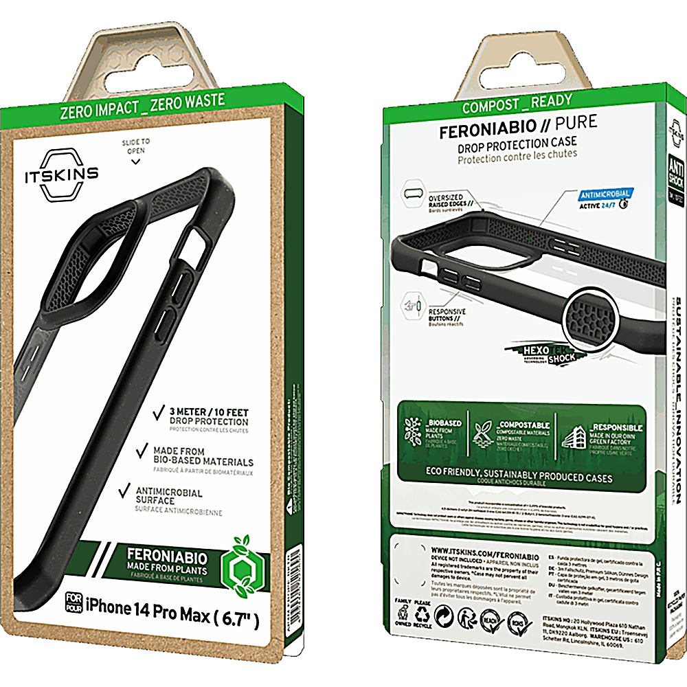 Confezione per custodia del telefono, due viste. Custodia nera, scatola verde e bianca. Sfondo bianco.