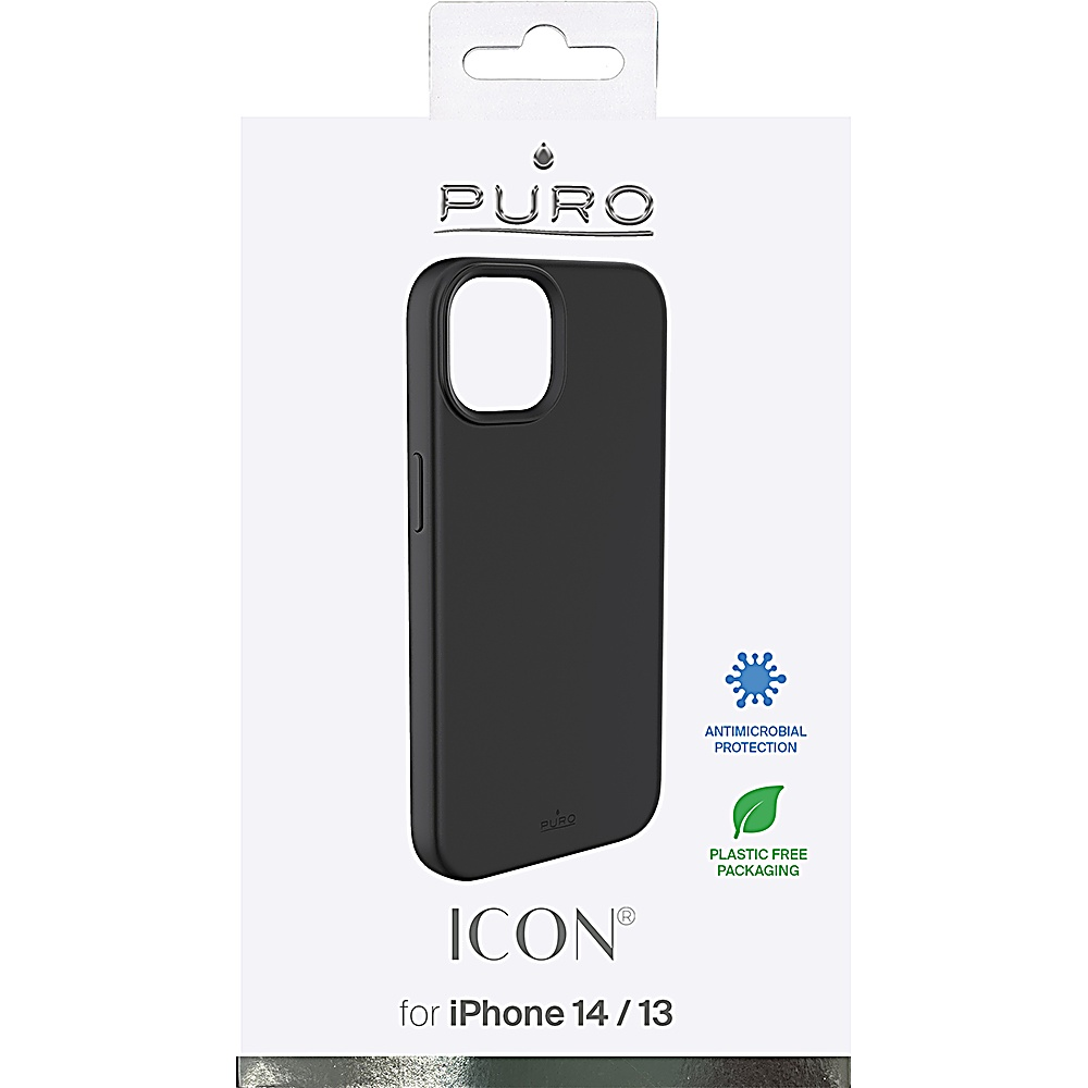 Una custodia nera per telefono in confezione, con il logo e il testo Puro.