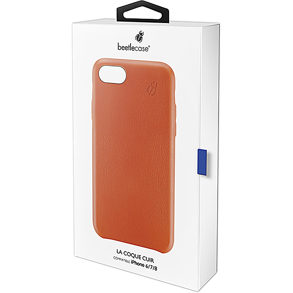 Orangene Handyhülle in Verpackung. Weiße Box, schwarzer Griff. Kompatibel mit iPhone 6/7/8.