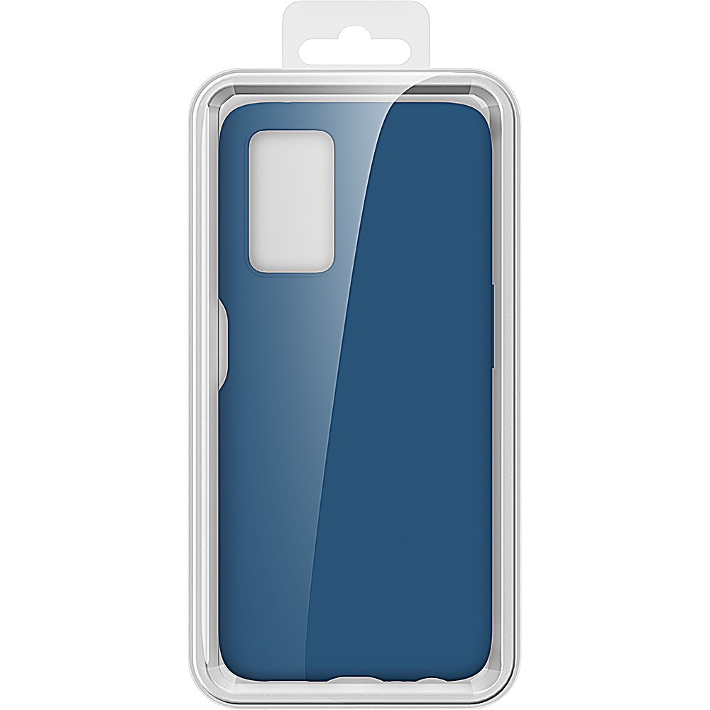 Blaue Handyhülle in Verpackung. Kameraausschnitt. Weißer Hintergrund.