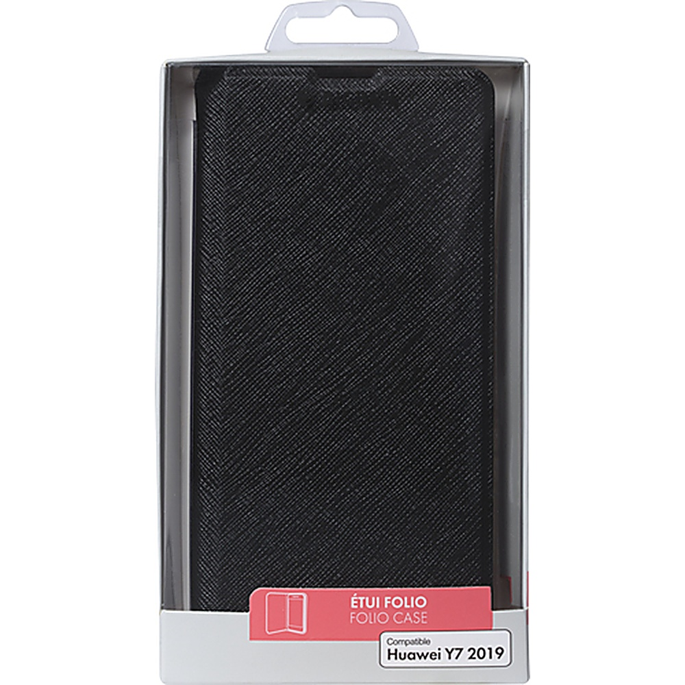 Schwarze Handyhülle in einer Box. Auf dem Etikett steht 'Étui Folio Case' und 'Huawei Y7 2019'.
