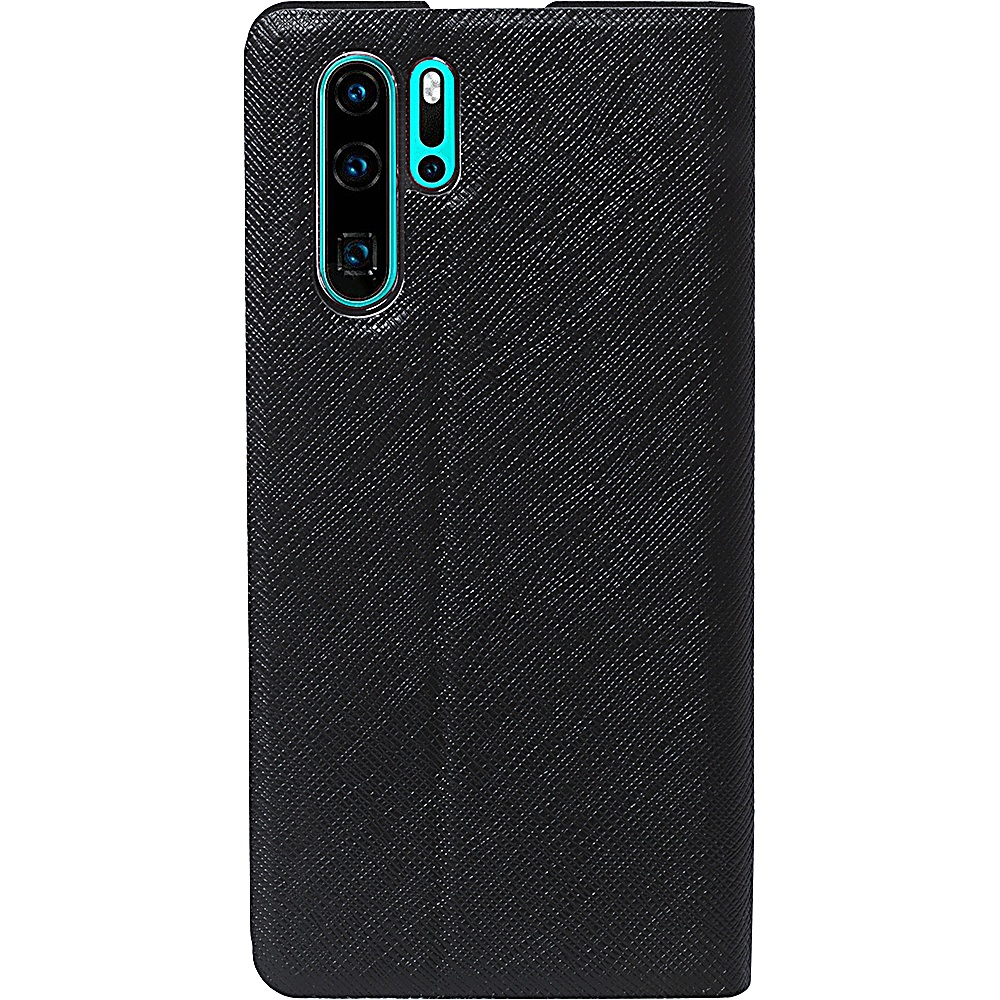Custodia nera per telefono, aperta, con la fotocamera del telefono visibile.