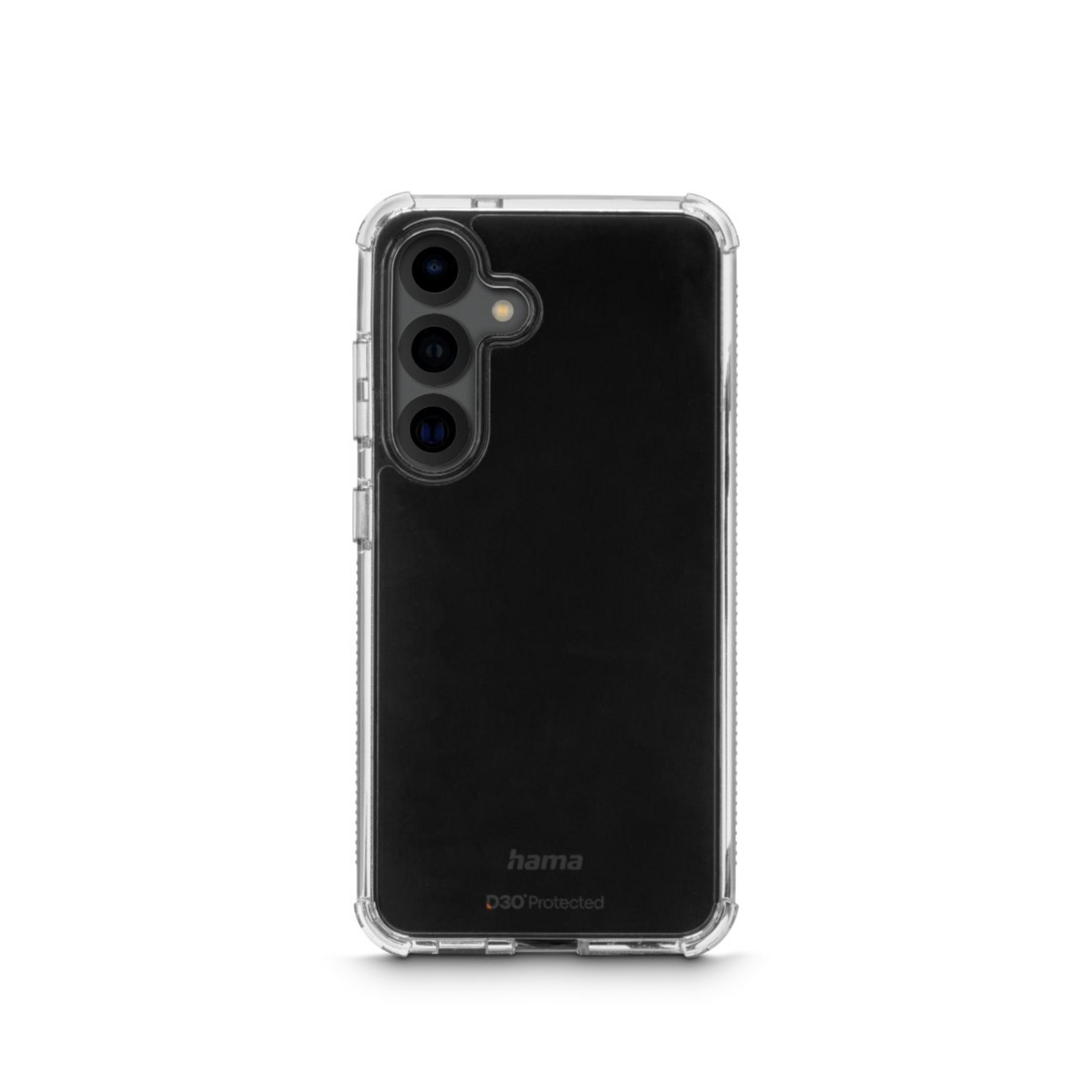 Custodia trasparente con un telefono nero all'interno. Il marchio 'hama' è visibile.