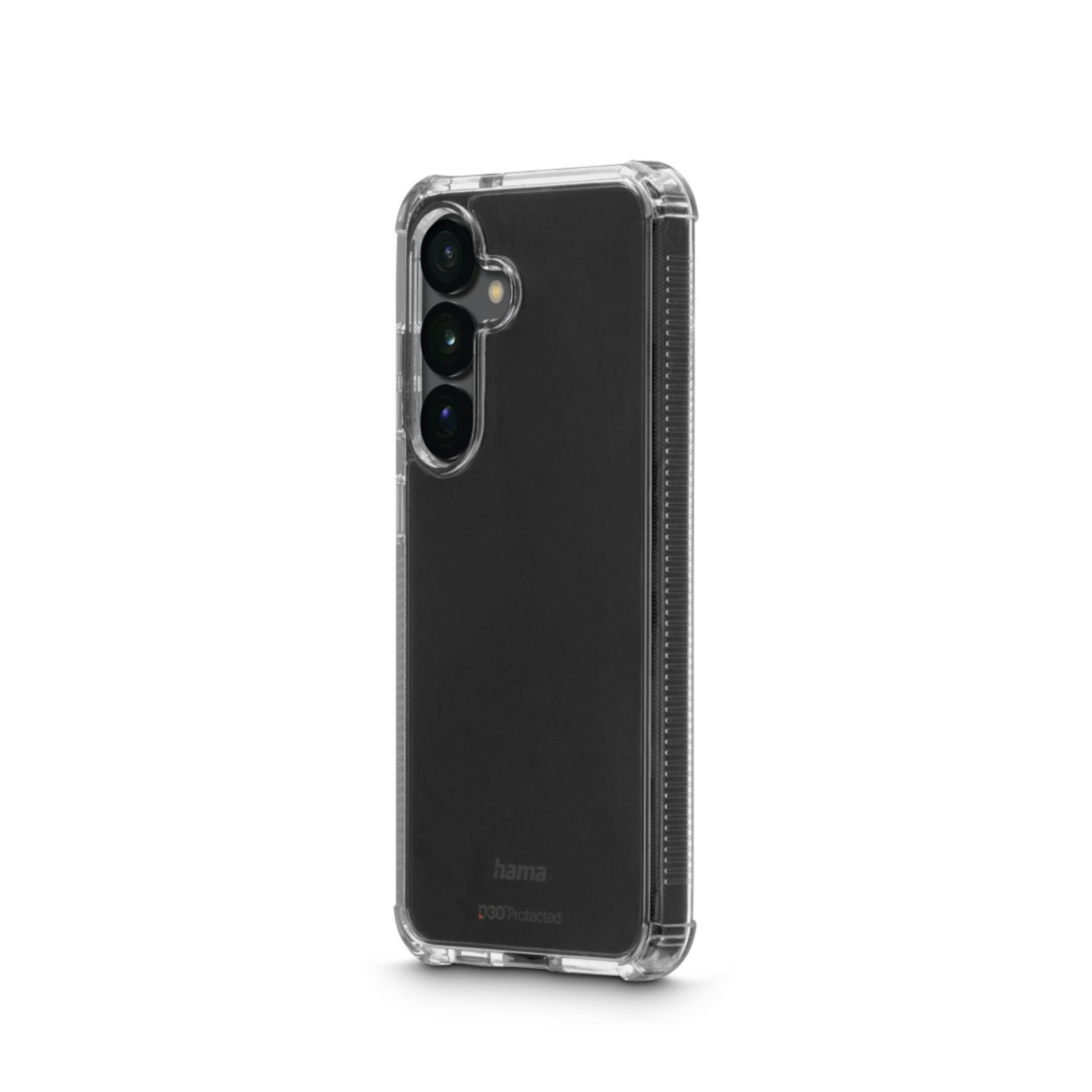 Telefono in custodia trasparente, vista posteriore. Il logo del marchio è visibile.