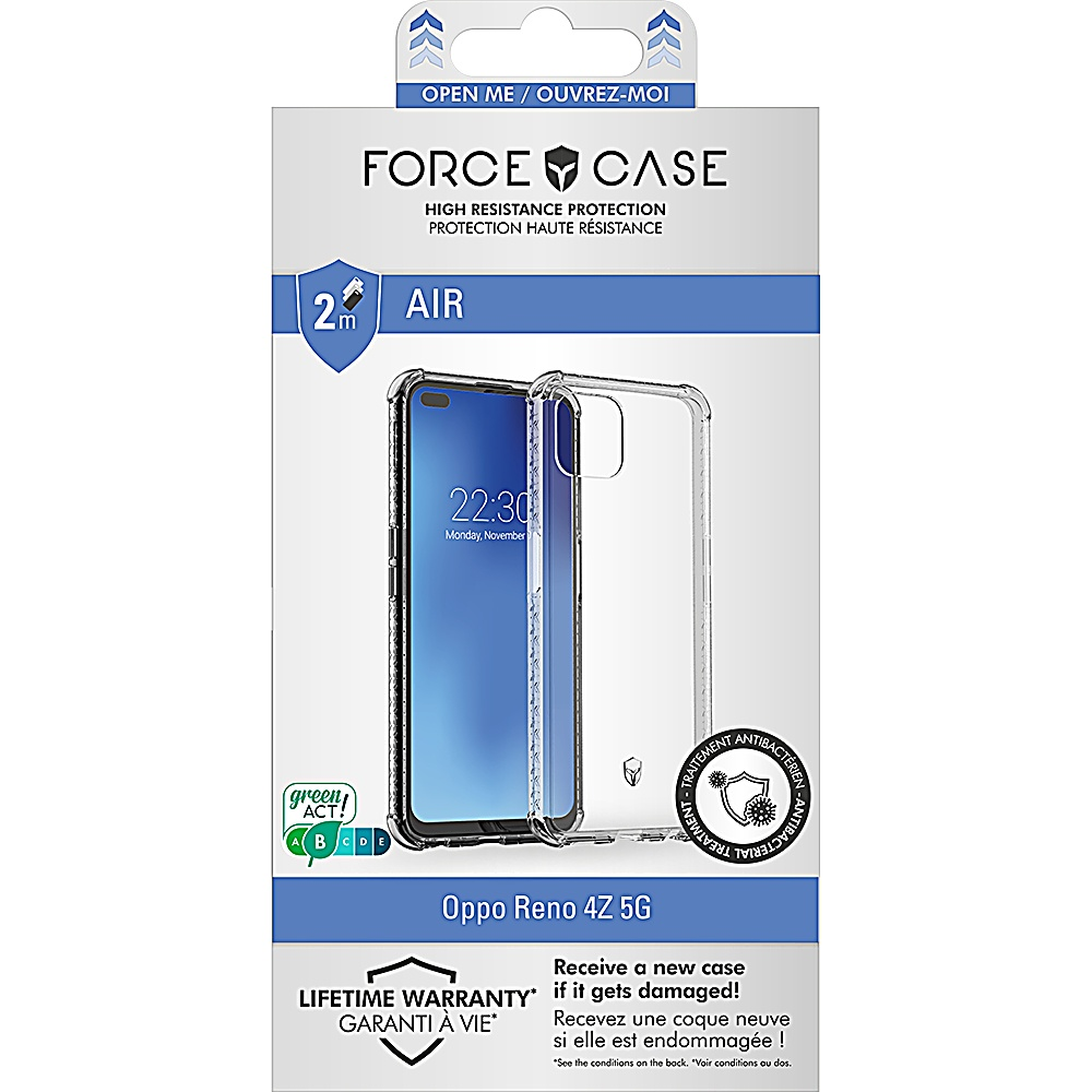 Telefonhüllenverpackung mit transparenter Hülle und Telefon. Text: Lebenslange Garantie.