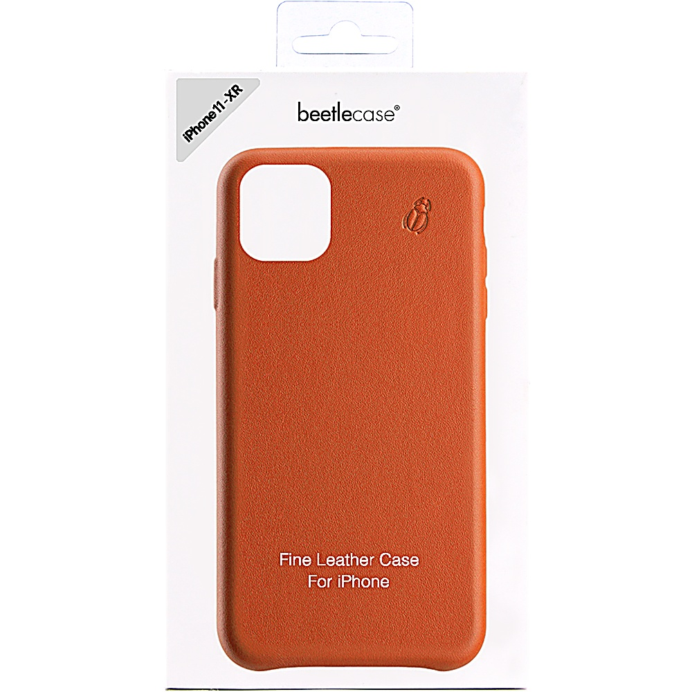 Custodia per telefono in pelle arancione in una scatola. La scatola dice 'Fine Leather Case For iPhone'.