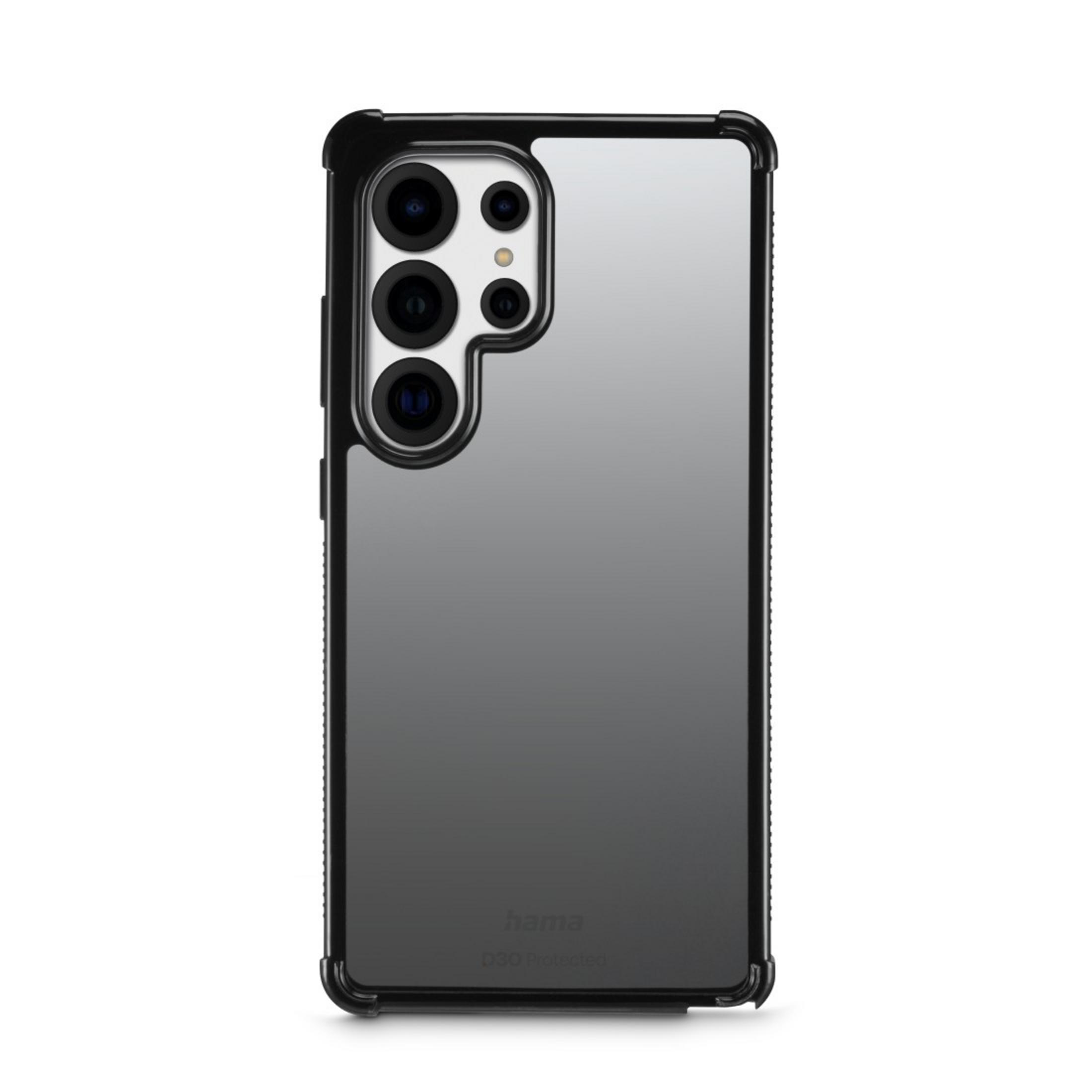Custodia per telefono. Nera e grigia, con ritagli per la fotocamera. Marca: hama. Telefono non incluso.