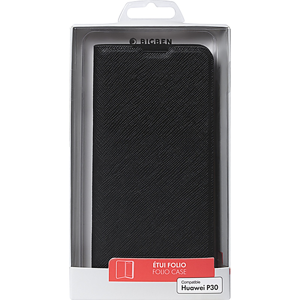 Custodia nera per Huawei P30, in una scatola trasparente. Marca Bigben.