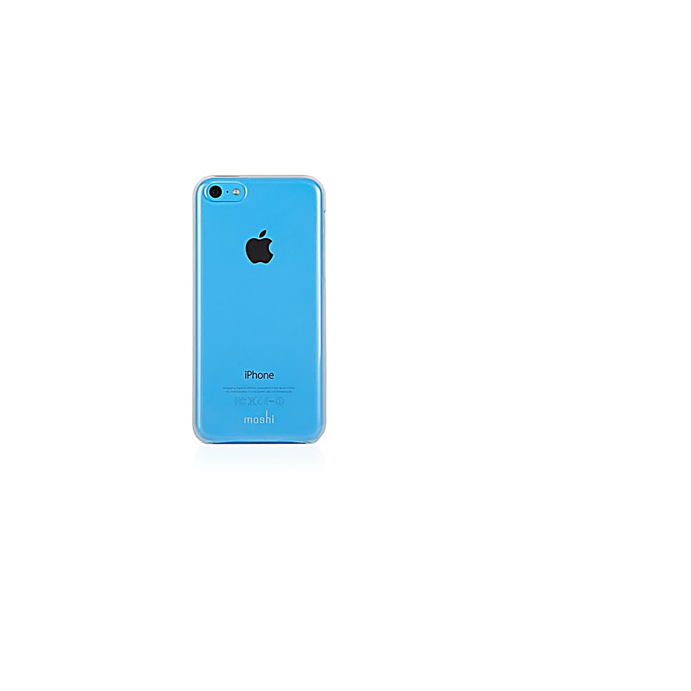 iPhone blu in una custodia trasparente. Il logo Apple è visibile.