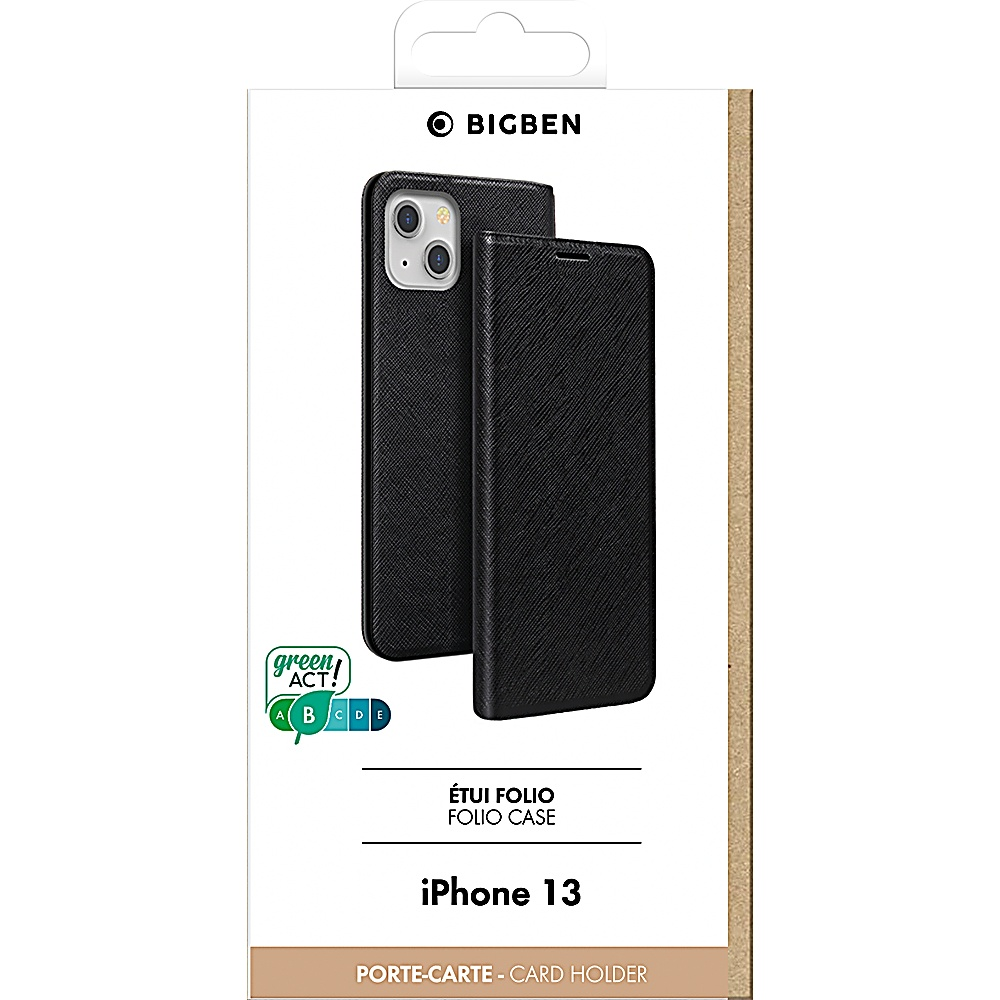 Custodia nera per iPhone 13 in una scatola trasparente. Marchio Bigben.